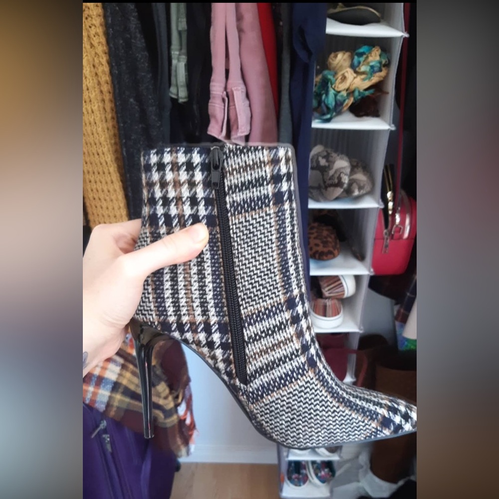 JustFab Plaid Pointed Stiletto Ankle Boots in Black and Brown
